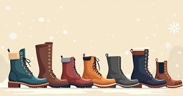 Ilustração flat corporativa mostrando diferentes estilos de botas masculinas para inverno, com botas em couro, coturno e bota casual em várias cores, sobre um fundo neutro com detalhes minimalistas que representam frio e moda masculina
