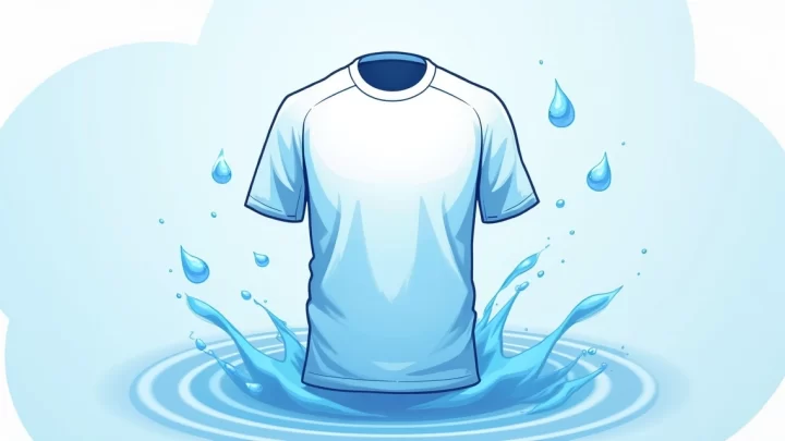 Ilustração corporativa plana de camiseta masculina em destaque com efeitos visuais azuis representando tecnologia cooling, em fundo claro com elementos gráficos de ondas de vento e gotas de água