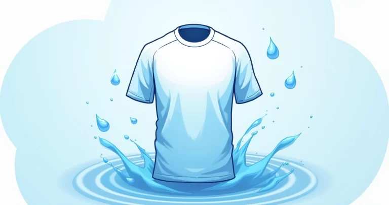 Ilustração corporativa plana de camiseta masculina em destaque com efeitos visuais azuis representando tecnologia cooling, em fundo claro com elementos gráficos de ondas de vento e gotas de água