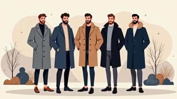 Ilustração de homens em casacos masculinos modernos para inverno, em estilo flat corporativo