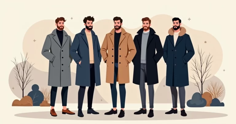 Ilustração de homens em casacos masculinos modernos para inverno, em estilo flat corporativo