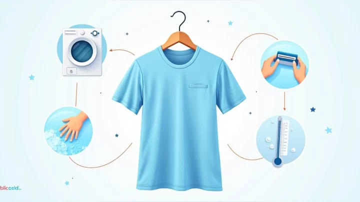 Ilustração plana colorida de uma camiseta azul clara em um cabide, cercada por ícones de cuidados com tecidos como uma máquina de lavar, uma mão lavando delicadamente e uma tesoura para remover bolinhas