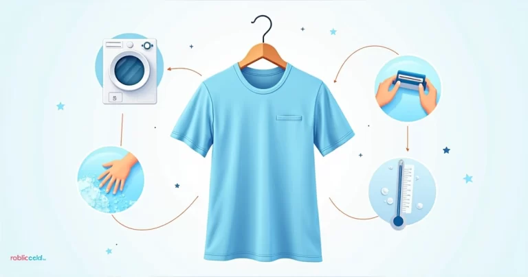 Ilustração plana colorida de uma camiseta azul clara em um cabide, cercada por ícones de cuidados com tecidos como uma máquina de lavar, uma mão lavando delicadamente e uma tesoura para remover bolinhas