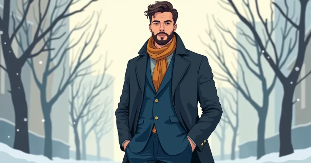 Ilustração plana corporativa de homem vestindo terno masculino para inverno com sobreposição de casaco e cachecol em cores sóbrias