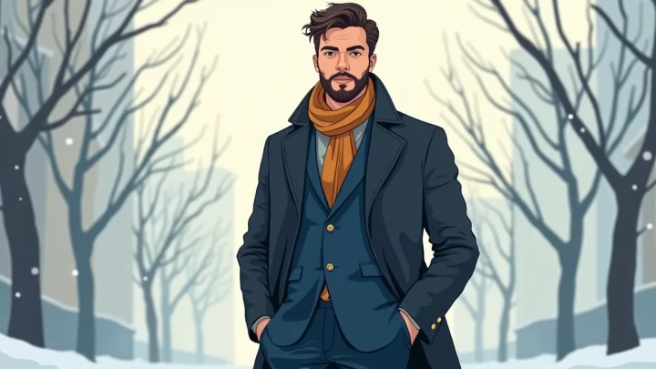 Ilustração plana corporativa de homem vestindo terno masculino para inverno com sobreposição de casaco e cachecol em cores sóbrias