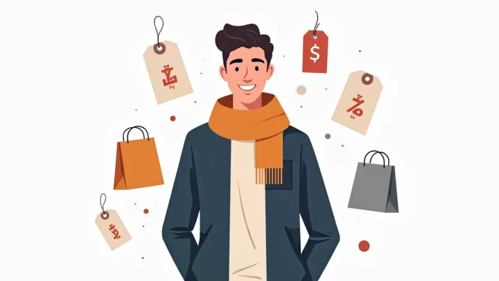 Ilustração corporativa flat de homem sorridente com look casual de inverno vestindo jaqueta, cachecol e camiseta, rodeado por ícones de moda acessível e etiquetas de preço baixo