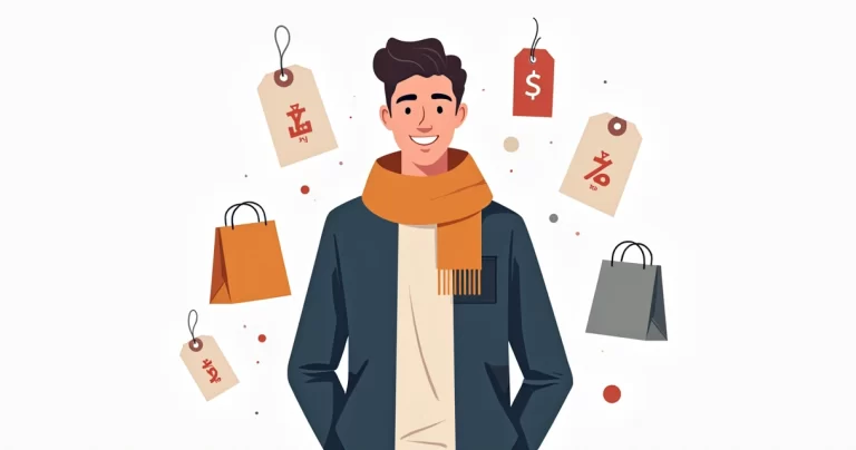 Ilustração corporativa flat de homem sorridente com look casual de inverno vestindo jaqueta, cachecol e camiseta, rodeado por ícones de moda acessível e etiquetas de preço baixo