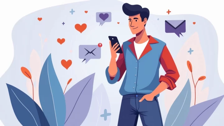 Ilustração corporativa de homem estiloso usando redes sociais em smartphone, fundo moderno e colorido