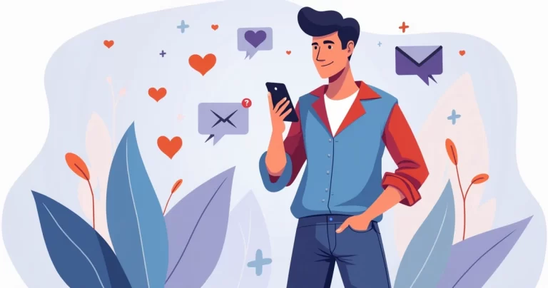 Ilustração corporativa de homem estiloso usando redes sociais em smartphone, fundo moderno e colorido