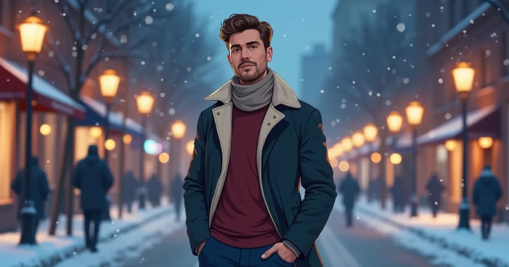 Homem usando casaco elegante e camiseta em ambiente urbano à noite no inverno