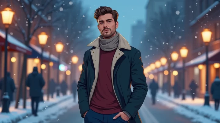 Homem usando casaco elegante e camiseta em ambiente urbano à noite no inverno