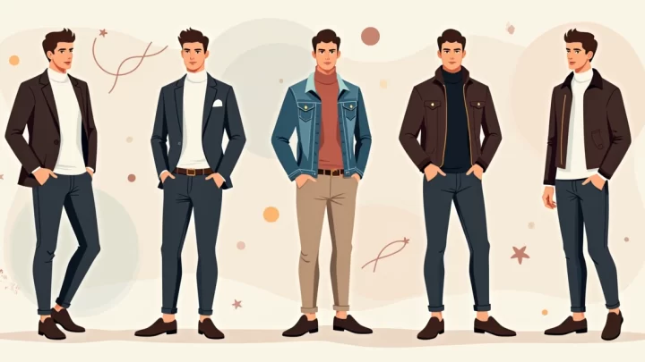 Ilustração corporativa de homem estiloso vestindo camiseta gola alta com diferentes combinações de roupas