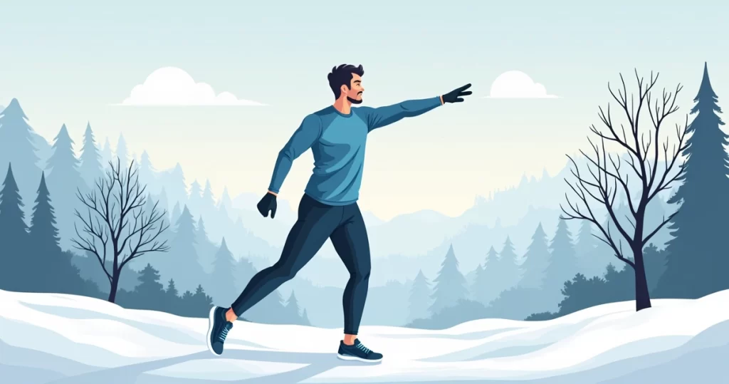 Homem treinando ao ar livre usando roupa fitness adequada para inverno, com blusa de manga longa e calça térmica