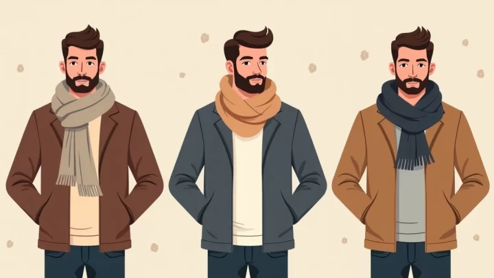 Ilustração corporativa de homem vestindo cachecol masculino em diferentes estilos e amarrações, com fundo neutro e detalhes de roupas casuais