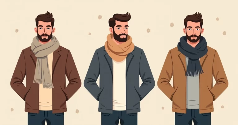 Ilustração corporativa de homem vestindo cachecol masculino em diferentes estilos e amarrações, com fundo neutro e detalhes de roupas casuais