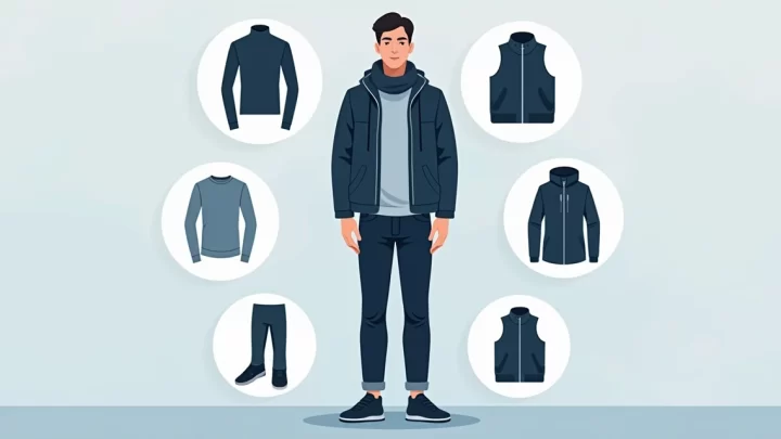 Homem vestindo várias camadas de roupa masculina para frio intenso com casaco, camiseta gola alta e cachecol