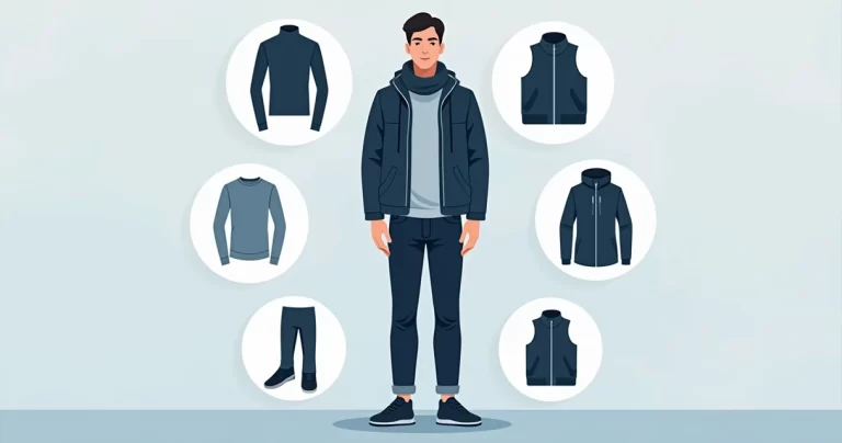 Homem vestindo várias camadas de roupa masculina para frio intenso com casaco, camiseta gola alta e cachecol