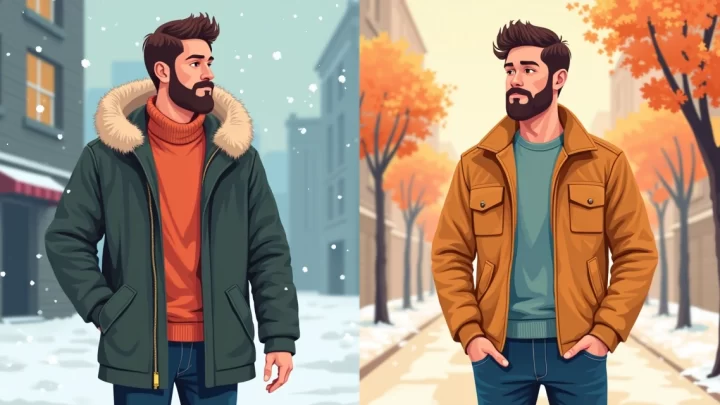Homem usando camisa manga longa masculina em cores variadas, cenário dividido mostrando inverno e primavera