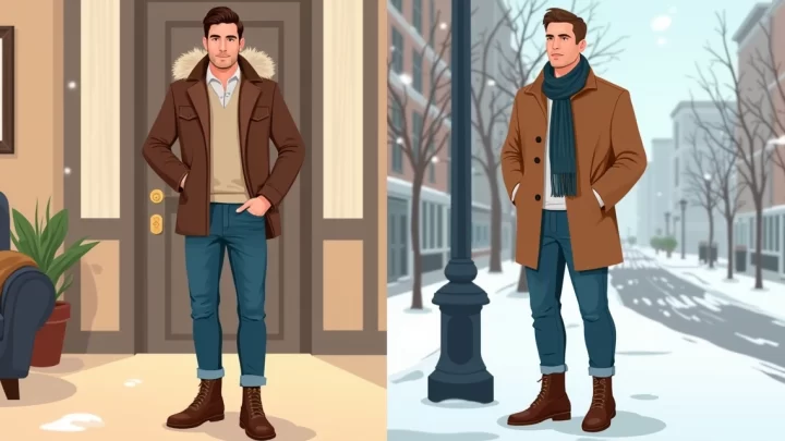 Homens com looks masculinos de inverno casual e formal em ambientes internos e externos