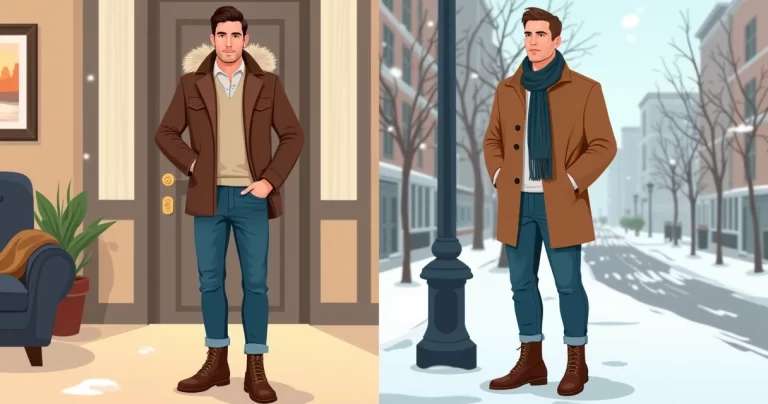 Homens com looks masculinos de inverno casual e formal em ambientes internos e externos