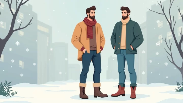 Ilustração de homem vestido com roupas de inverno cometendo erros comuns de moda masculina