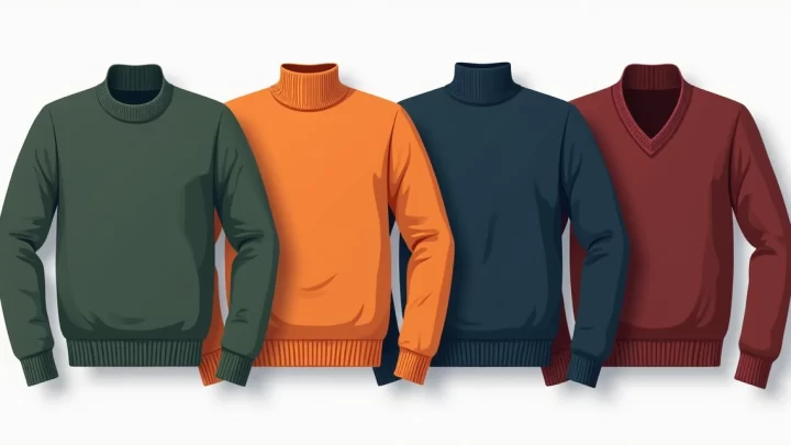 Ilustração corporativa de quatro camisetas masculinas em diferentes cores da moda de inverno, dispostas em linha sobre fundo branco minimalista