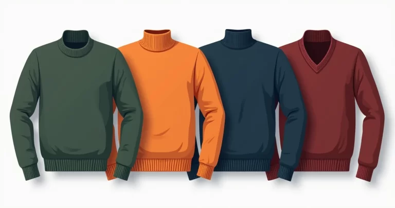 Ilustração corporativa de quatro camisetas masculinas em diferentes cores da moda de inverno, dispostas em linha sobre fundo branco minimalista