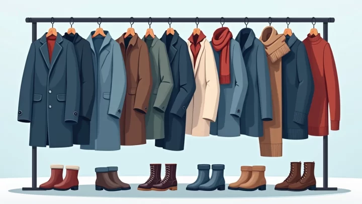 Ilustração de roupas masculinas de inverno em diferentes estilos e cores organizadas em um cabideiro moderno