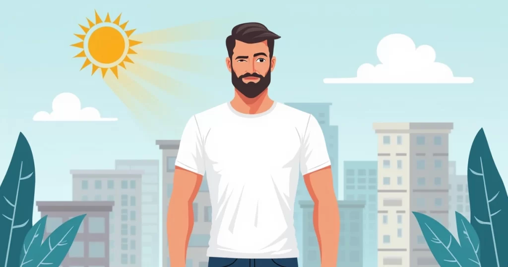 Homem vestindo camiseta masculina com proteção UV em fundo urbano minimalista colorido