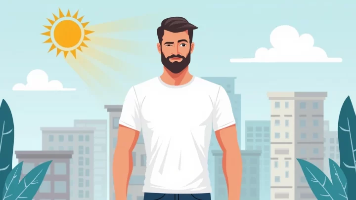 Homem vestindo camiseta masculina com proteção UV em fundo urbano minimalista colorido