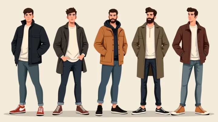 Homem vestindo roupas streetwear masculino para inverno com jaqueta oversized, camiseta henley e calça casual