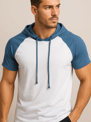 Camiseta Masculina Raglan Capuz Regulagem Manga Curta Algodão Peruano