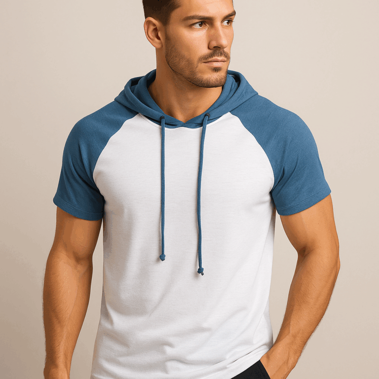 Camiseta Masculina Raglan Capuz Regulagem Manga Curta Algodão Peruano