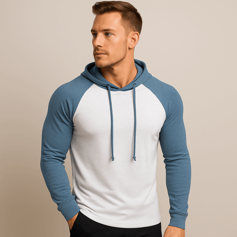 Camiseta Masculina Raglan Capuz Regulagem Manga Longa Algodão Peruano