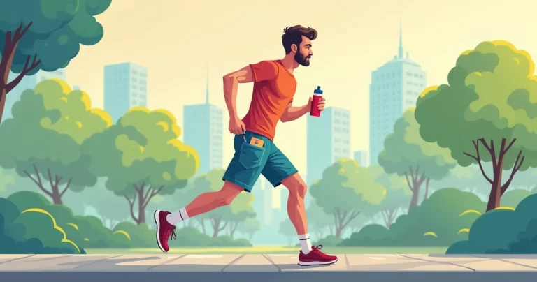 Ilustração plana corporativa de homem correndo com bermuda esportiva com bolso, segurando garrafa de água, cenário urbano ao fundo