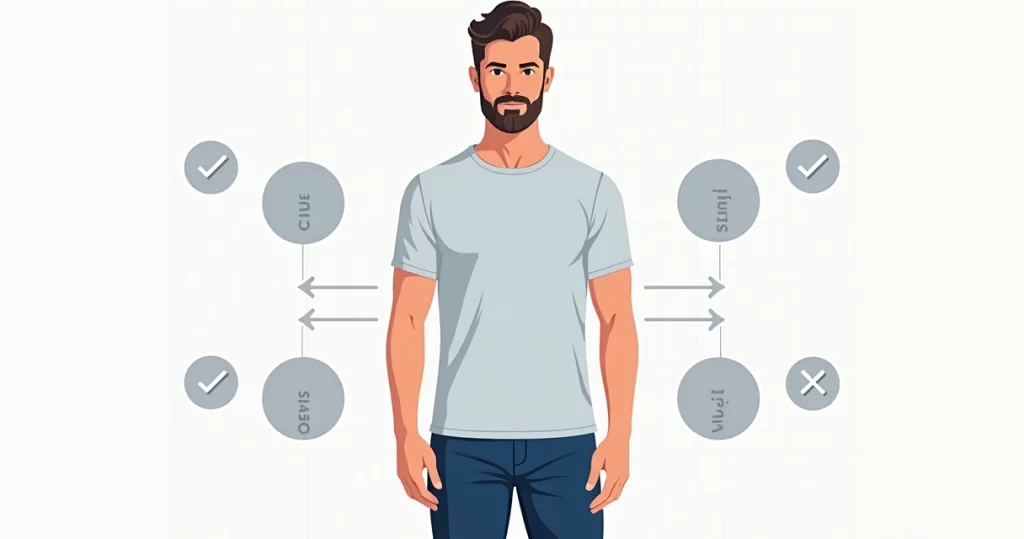 Ilustração corporativa flat mostrando homem com camiseta ajustada masculina que evidencia caimento perfeito no corpo com detalhes de costura e contorno