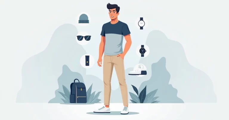 Ilustração corporativa de camiseta masculina em dois tons combinada com calça casual e tênis em fundo claro