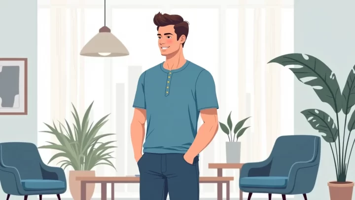 Ilustração corporativa plana de homem vestindo camiseta henley masculina azul em cena casual e elegante com fundo clean