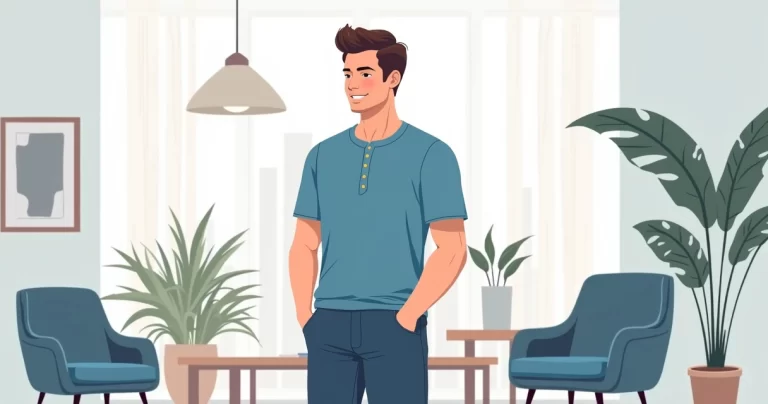 Ilustração corporativa plana de homem vestindo camiseta henley masculina azul em cena casual e elegante com fundo clean