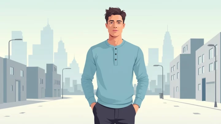 Homem vestindo camiseta henley masculina azul claro com botões em ambiente urbano minimalista e moderno