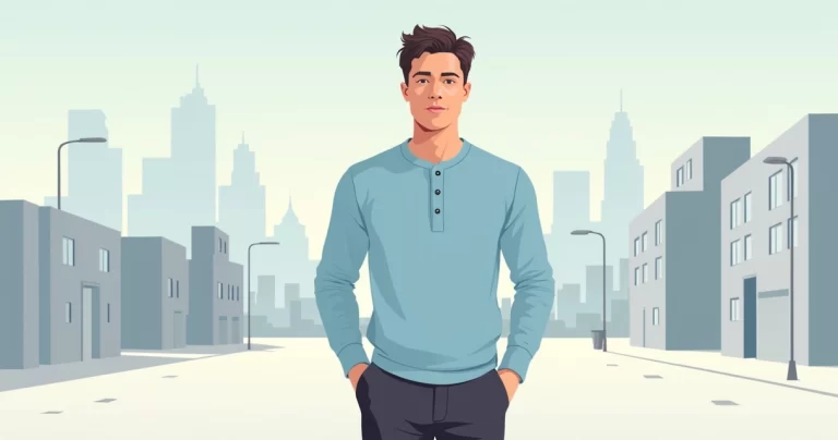 Homem vestindo camiseta henley masculina azul claro com botões em ambiente urbano minimalista e moderno