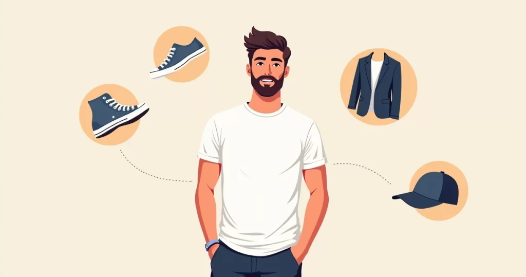 Ilustração flat corporativa de um homem vestindo camiseta masculina branca lisa, em um fundo minimalista com elementos que simbolizam moda casual, social e streetwear