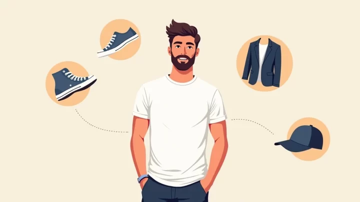 Ilustração flat corporativa de um homem vestindo camiseta masculina branca lisa, em um fundo minimalista com elementos que simbolizam moda casual, social e streetwear