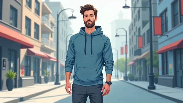 Ilustração corporativa plana de homem usando camiseta masculina com capuz combinada com jeans e calça jogger em ambiente urbano