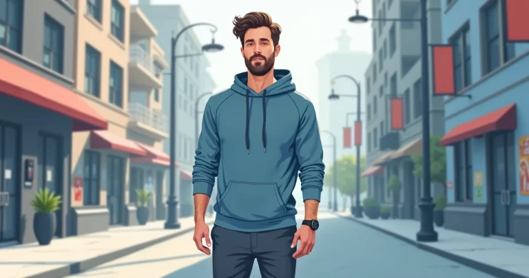 Ilustração corporativa plana de homem usando camiseta masculina com capuz combinada com jeans e calça jogger em ambiente urbano