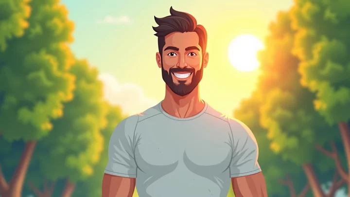 Homem vestindo camiseta masculina com proteção UV em um ambiente externo com sol e árvores