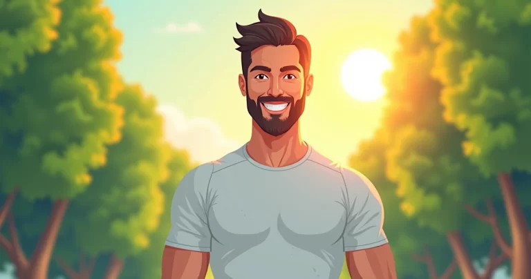 Homem vestindo camiseta masculina com proteção UV em um ambiente externo com sol e árvores