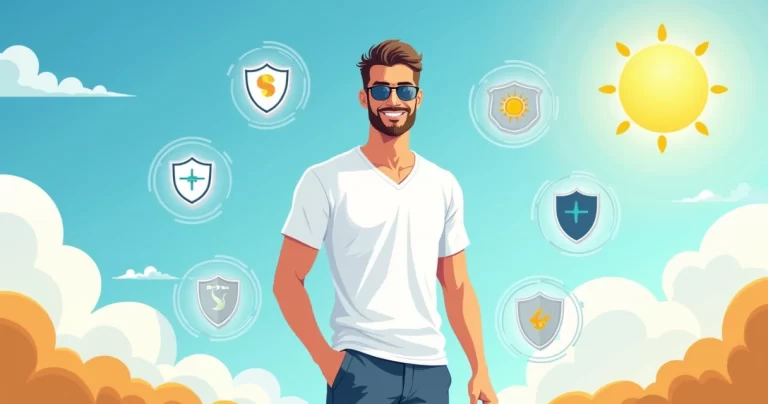 Ilustração de homem usando camiseta masculina com proteção UV em dia ensolarado