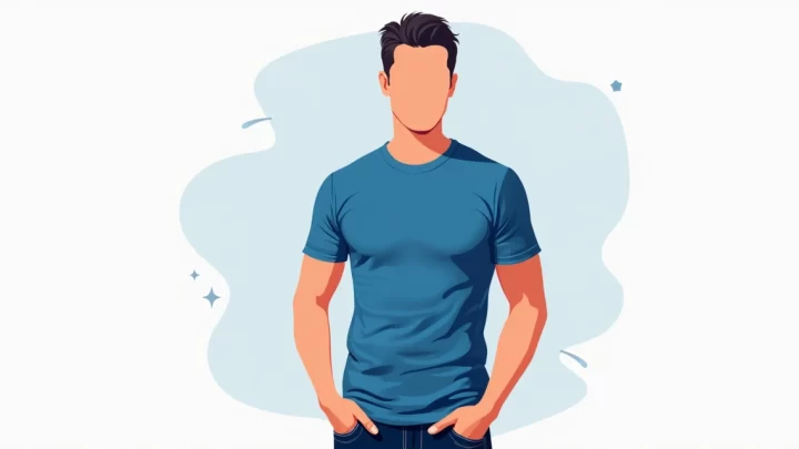 Ilustração plana corporativa de homem vestindo camiseta masculina slim fit de cor azul, destacando o ajuste justo ao corpo, em fundo branco minimalista