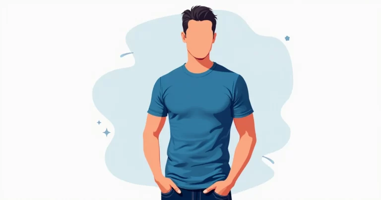 Ilustração plana corporativa de homem vestindo camiseta masculina slim fit de cor azul, destacando o ajuste justo ao corpo, em fundo branco minimalista